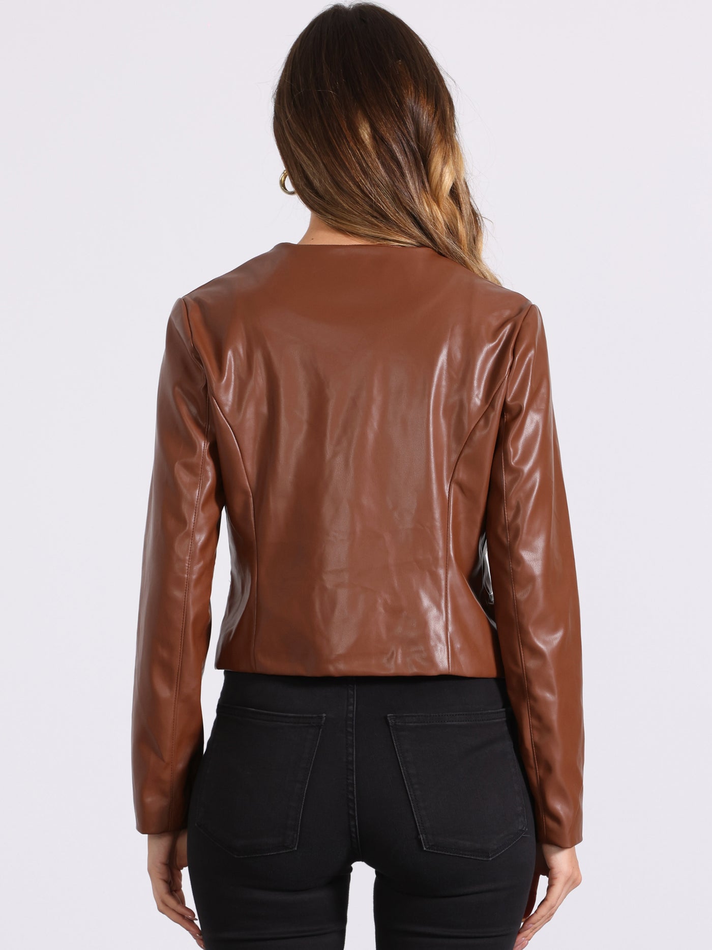 Allegra K Faux Leather Collarless Open Front PU Moto Biker Crop Blazer