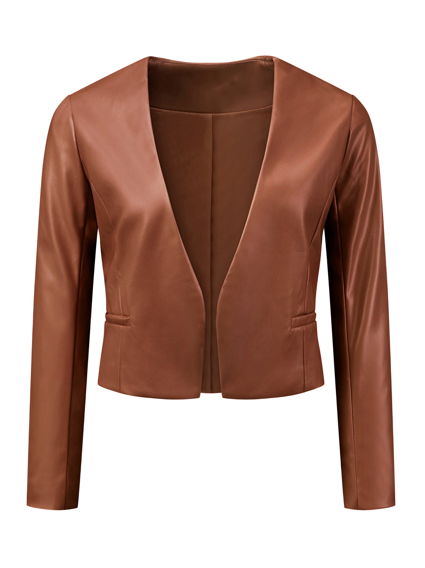 Allegra K Faux Leather Collarless Open Front PU Moto Biker Crop Blazer