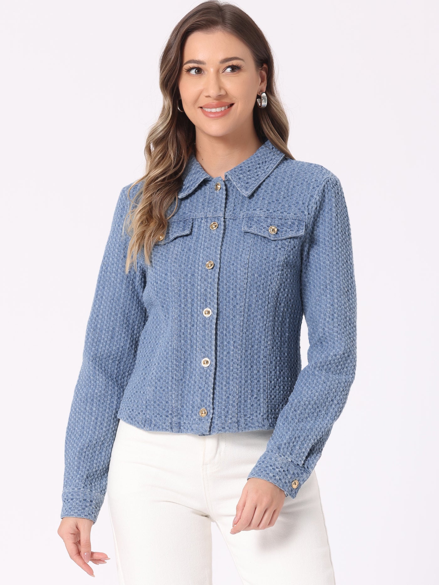 Allegra K Button Up Long Sleeve Texture Washed Casual Denim Jacket