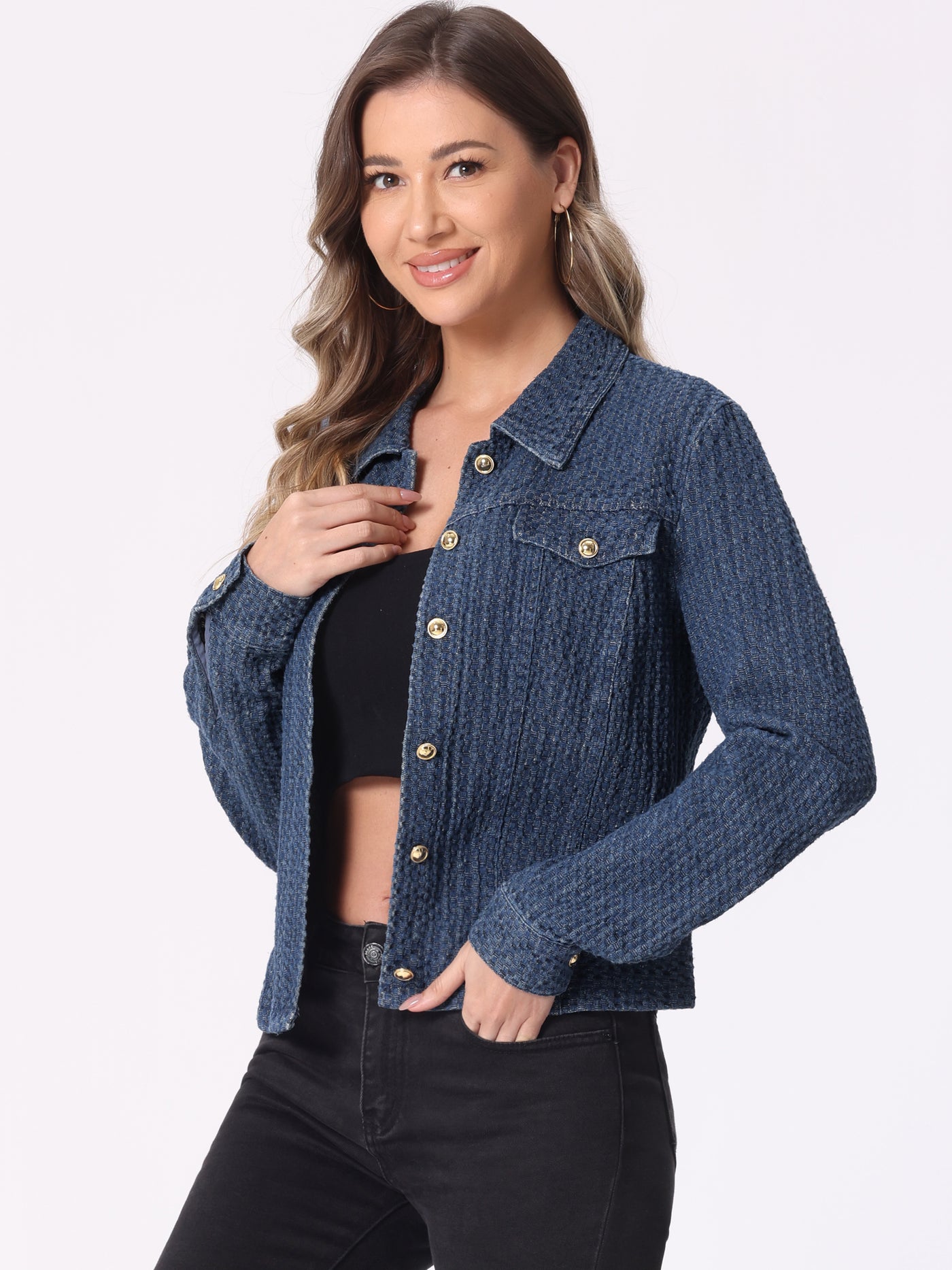 Allegra K Button Up Long Sleeve Texture Washed Casual Denim Jacket