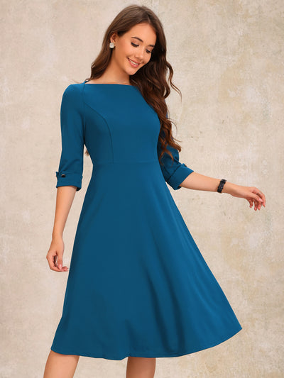 3/4 Sleeve Boat Neck Solid Color A-Line Midi Dress