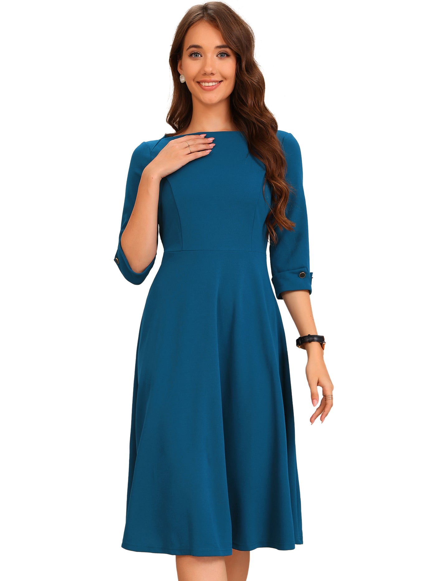 Allegra K 3/4 Sleeve Boat Neck Solid Color A-Line Midi Dress