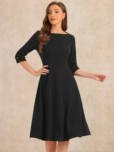 3/4 Sleeve Boat Neck Solid Color A-Line Midi Dress