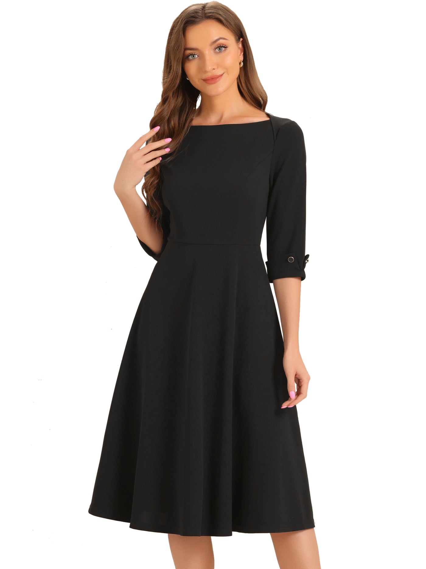 Allegra K 3/4 Sleeve Boat Neck Solid Color A-Line Midi Dress