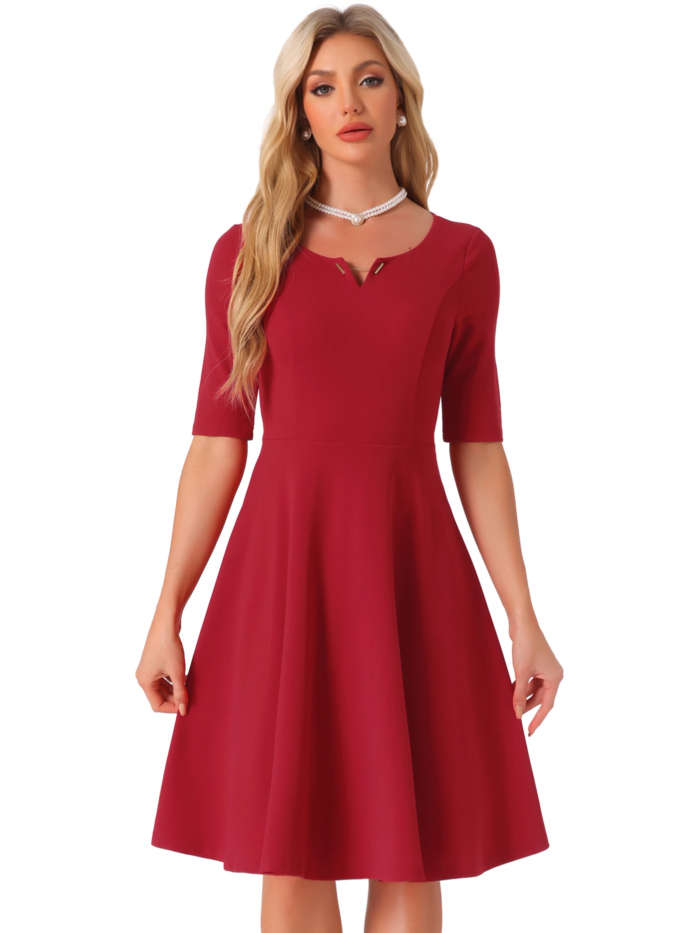 Allegra K V Neck Half Sleeve Elegant A-Line Midi Dress