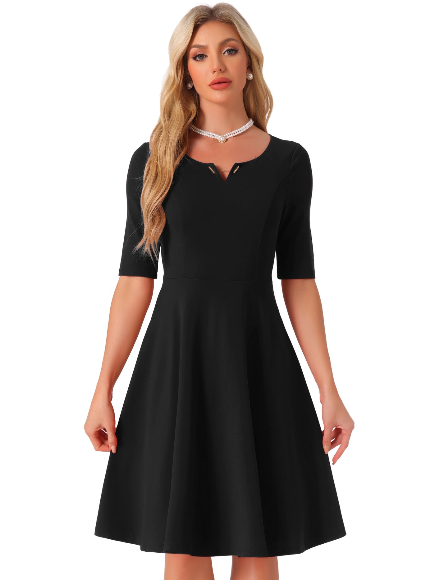 Allegra K V Neck Half Sleeve Elegant A-Line Midi Dress