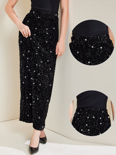 Sequin Velvet Elastic Waist Sparkle Party Maxi Skirt