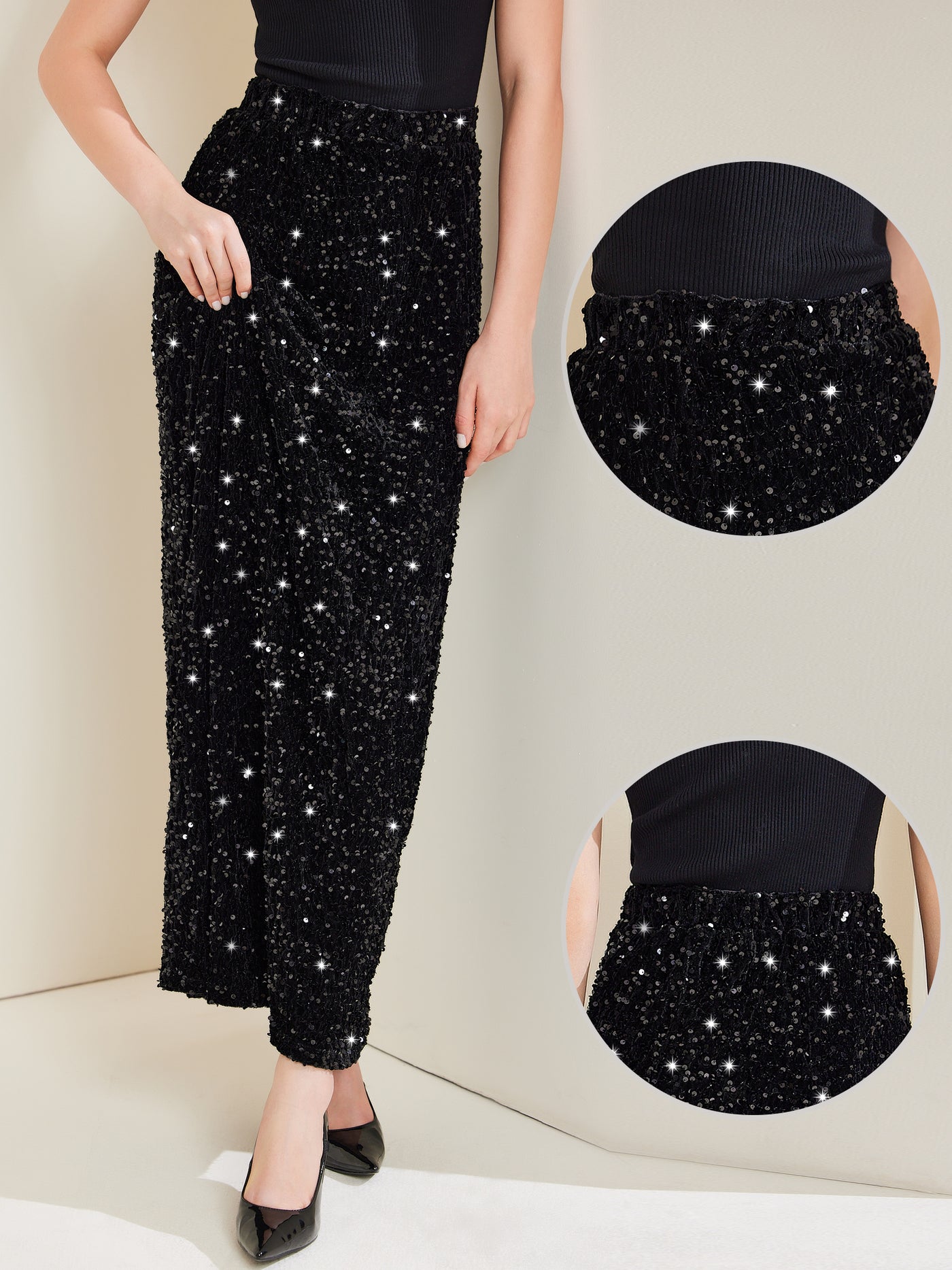 Allegra K Sequin Velvet Elastic Waist Sparkle Party Maxi Skirt