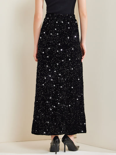 Sequin Velvet Elastic Waist Sparkle Party Maxi Skirt