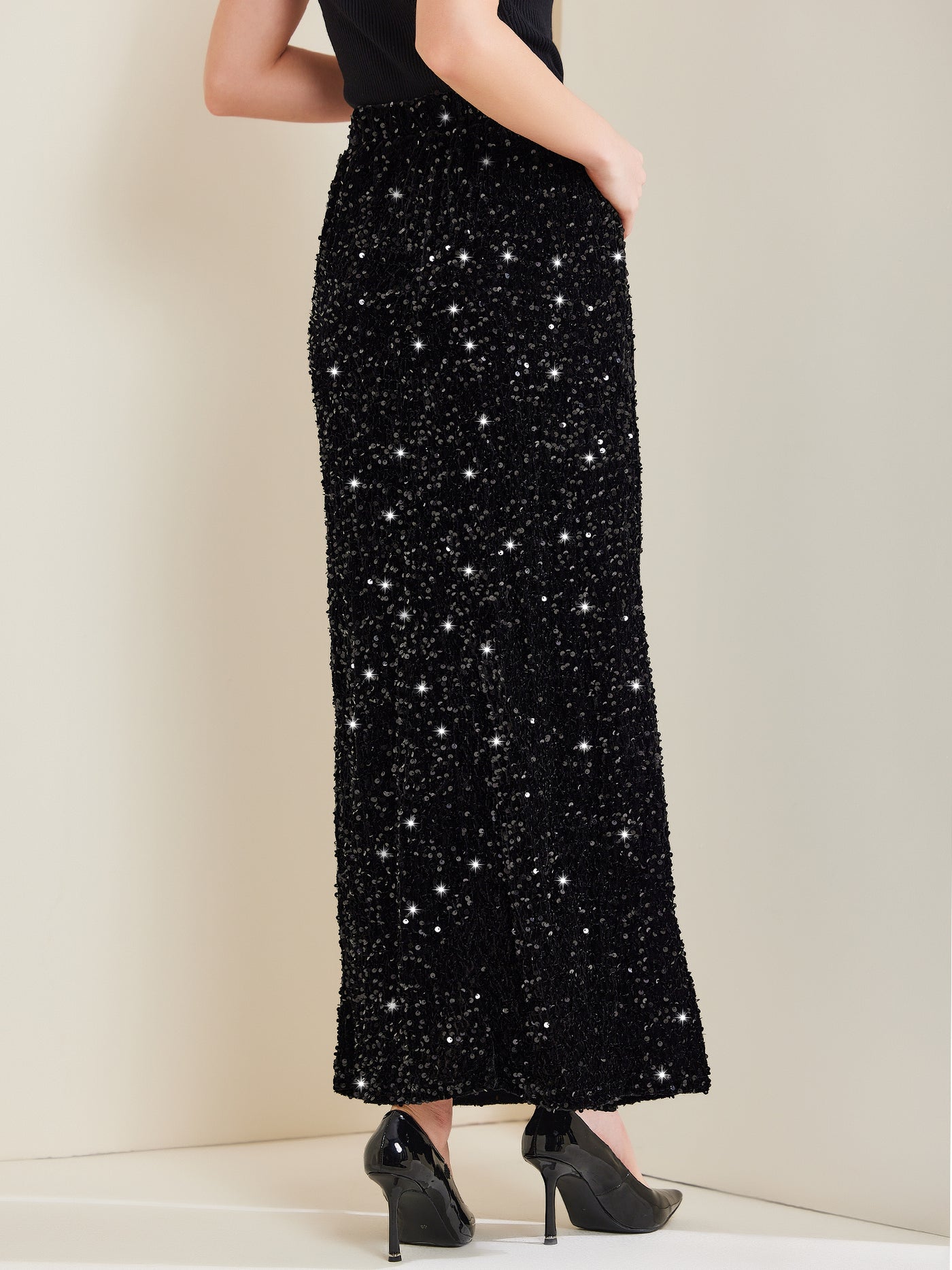 Allegra K Sequin Velvet Elastic Waist Sparkle Party Maxi Skirt