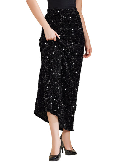 Sequin Velvet Elastic Waist Sparkle Party Maxi Skirt