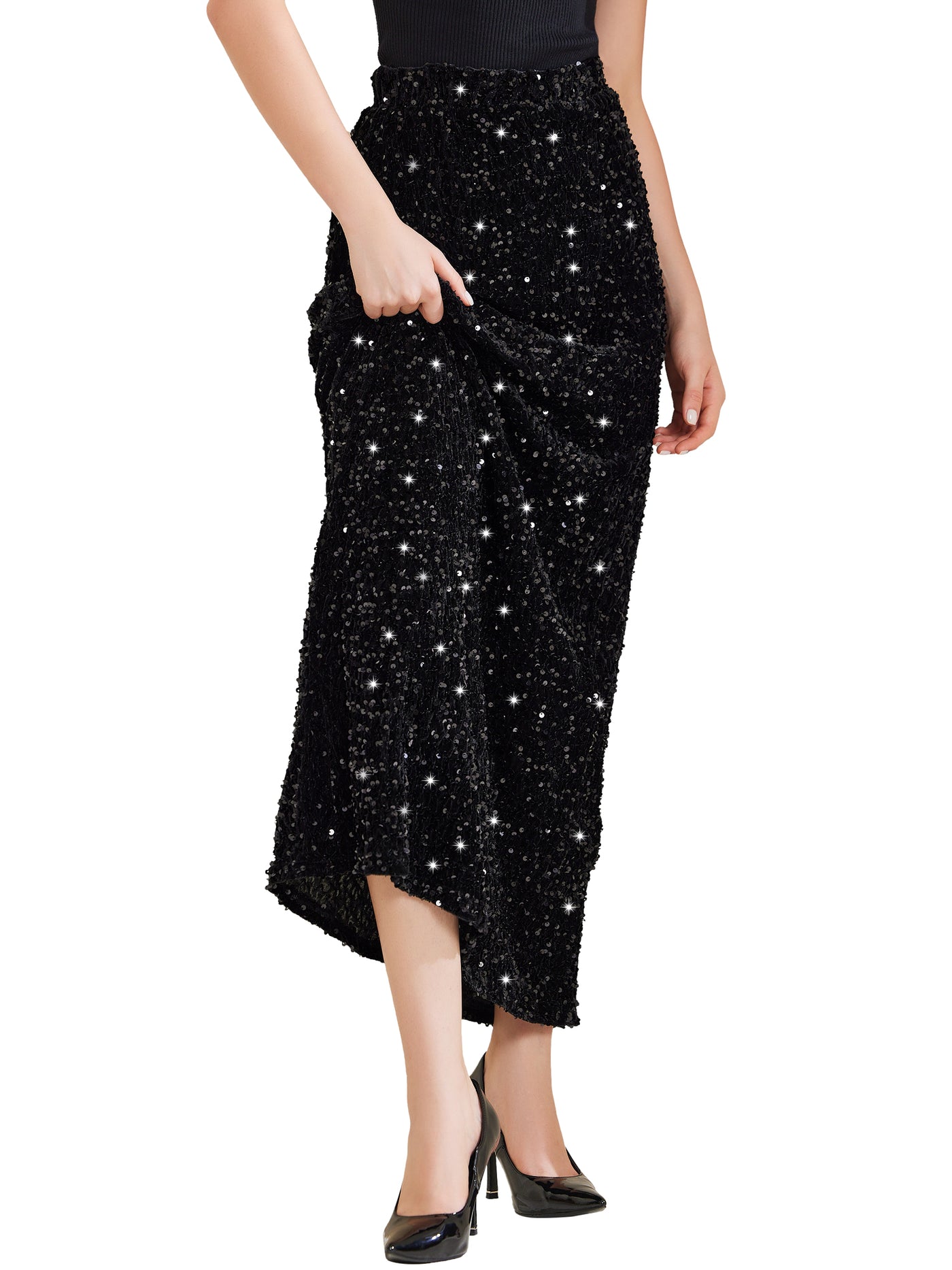 Allegra K Sequin Velvet Elastic Waist Sparkle Party Maxi Skirt