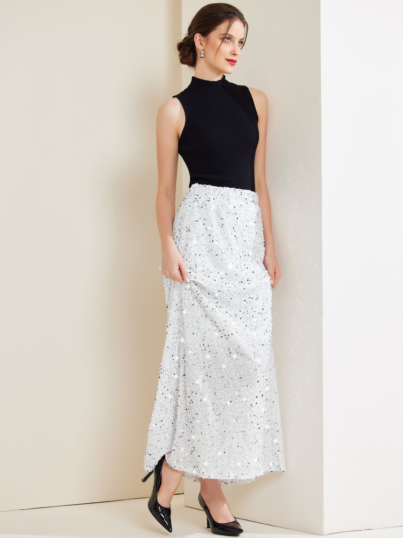 Allegra K Sequin Velvet Elastic Waist Sparkle Party Maxi Skirt