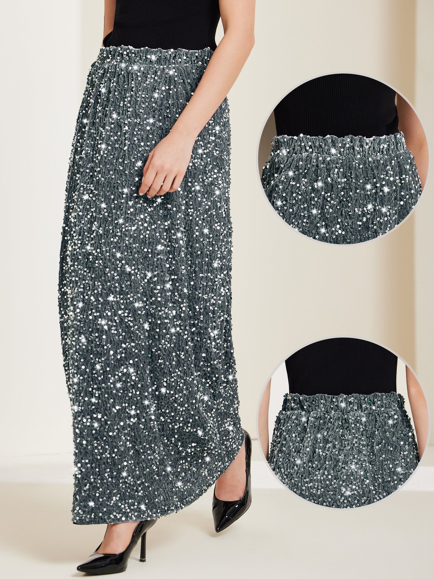 Allegra K Sequin Velvet Elastic Waist Sparkle Party Maxi Skirt