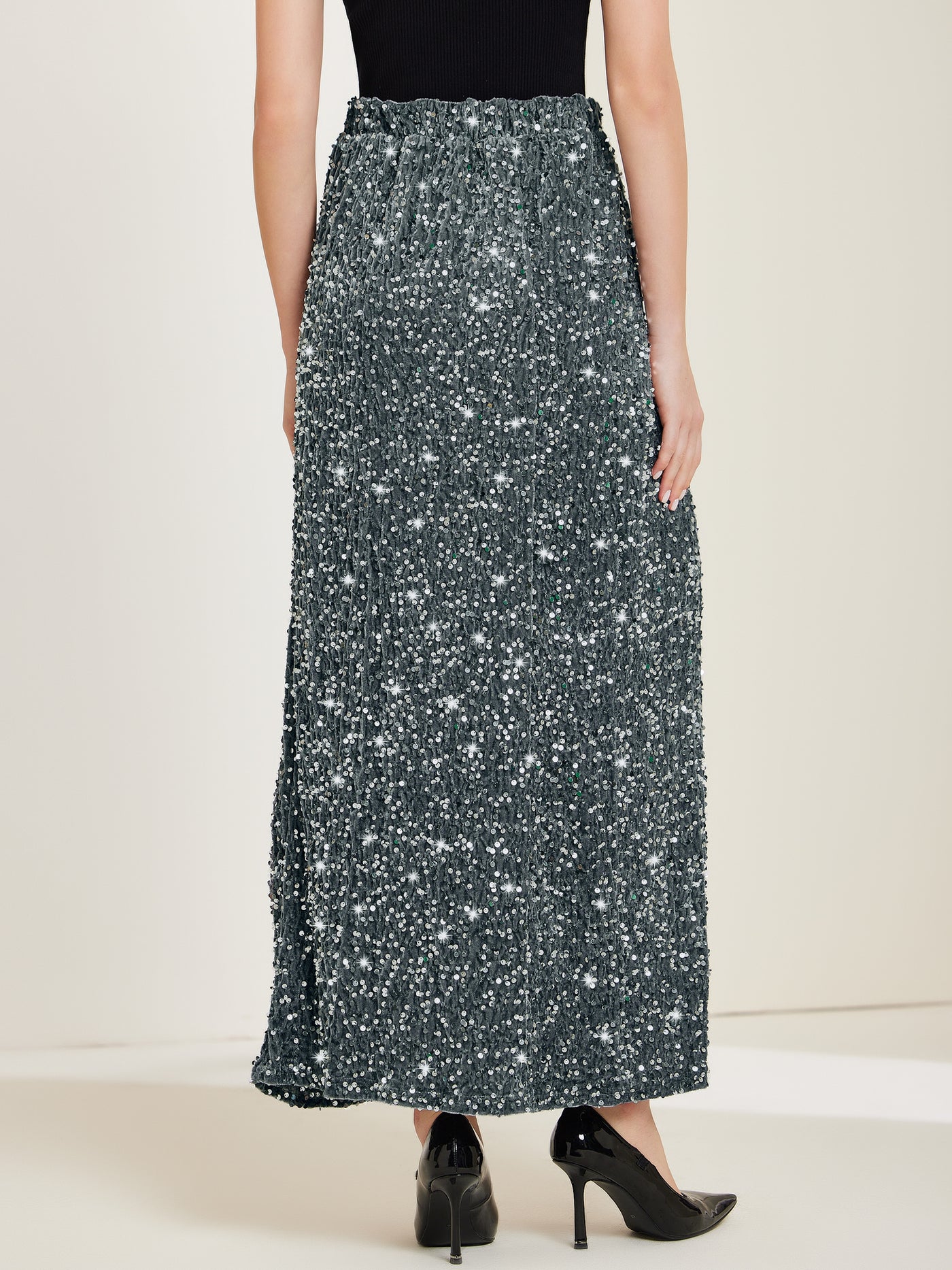 Allegra K Sequin Velvet Elastic Waist Sparkle Party Maxi Skirt