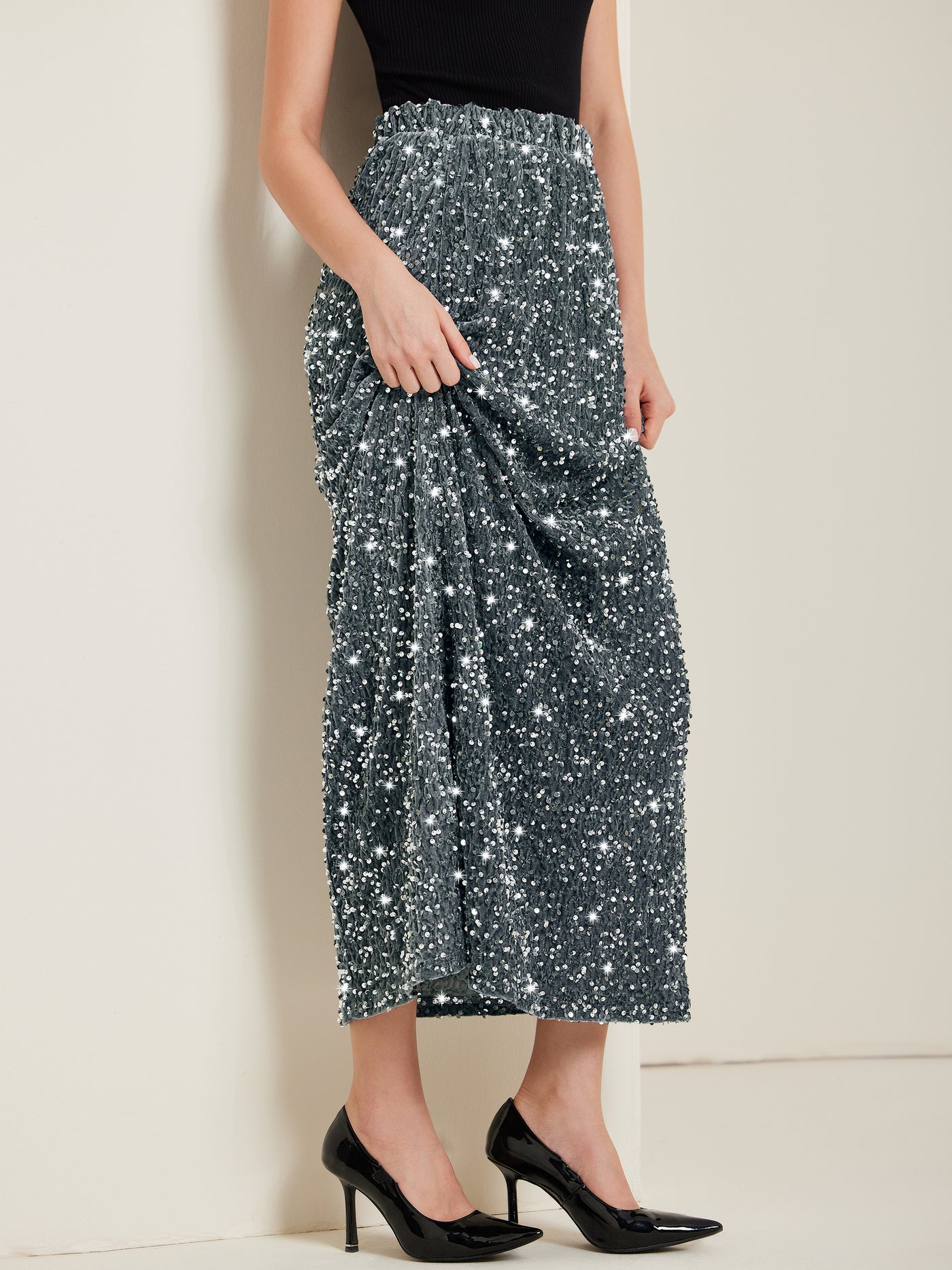 Allegra K Sequin Velvet Elastic Waist Sparkle Party Maxi Skirt