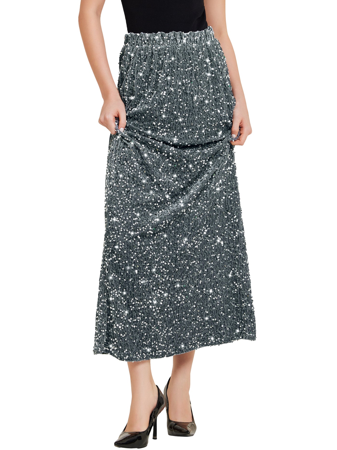 Allegra K Sequin Velvet Elastic Waist Sparkle Party Maxi Skirt