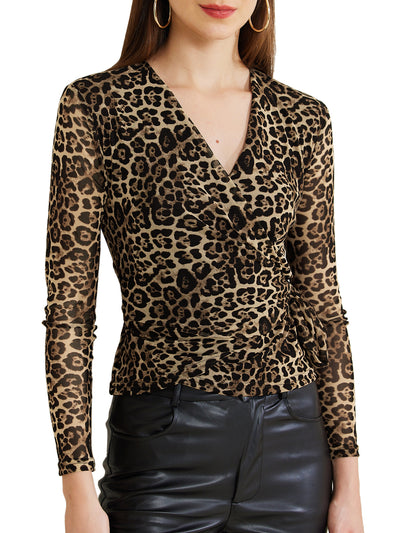 Long Sleeve Stretchy Slim Fit Leopard Wrap Blouse