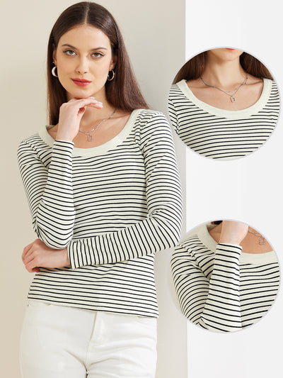 Stripe Stretch Scoop Neck Long Sleeve Casual Basic Top