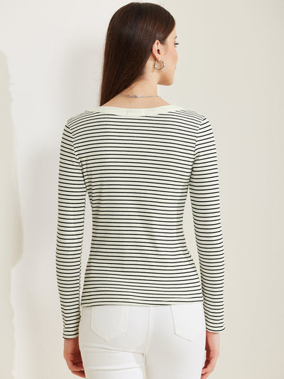 Stripe Stretch Scoop Neck Long Sleeve Casual Basic Top