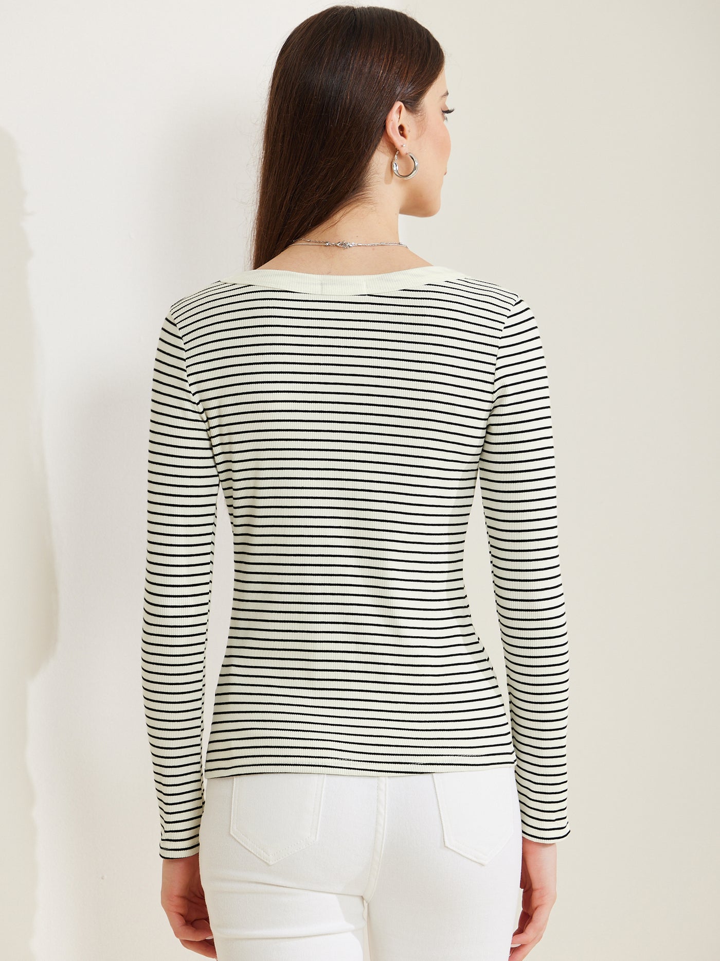 Allegra K Stripe Stretch Scoop Neck Long Sleeve Casual Basic Top