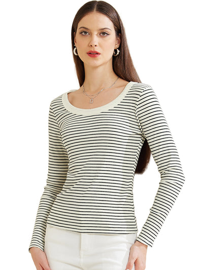 Stripe Stretch Scoop Neck Long Sleeve Casual Basic Top