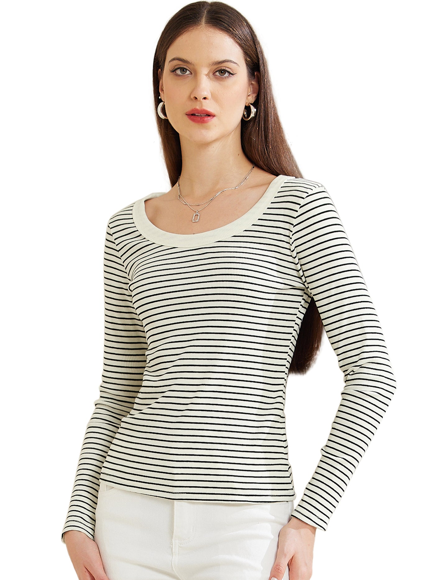 Allegra K Stripe Stretch Scoop Neck Long Sleeve Casual Basic Top