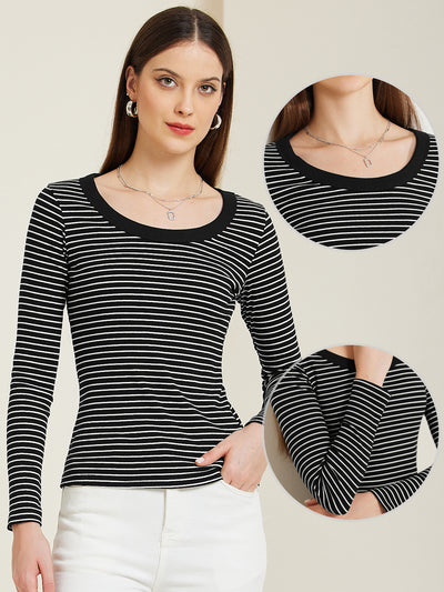 Stripe Stretch Scoop Neck Long Sleeve Casual Basic Top