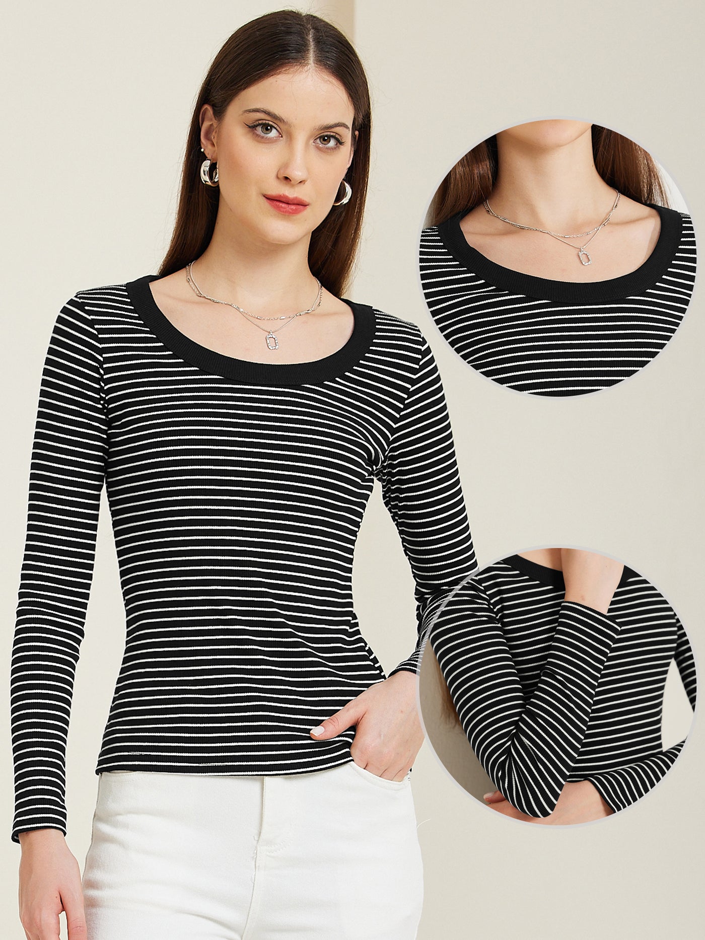 Allegra K Stripe Stretch Scoop Neck Long Sleeve Casual Basic Top