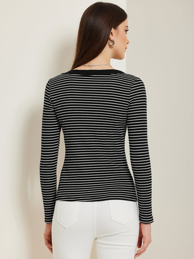 Stripe Stretch Scoop Neck Long Sleeve Casual Basic Top