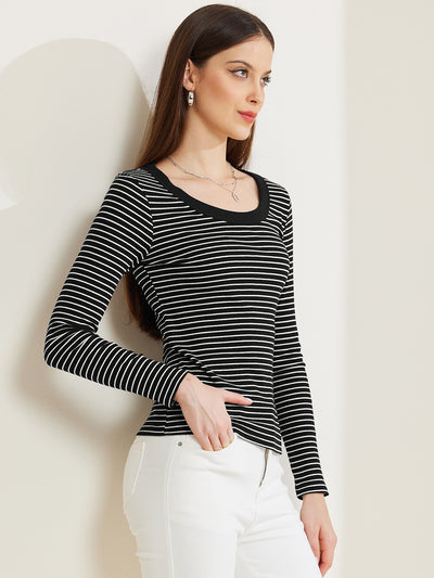 Stripe Stretch Scoop Neck Long Sleeve Casual Basic Top