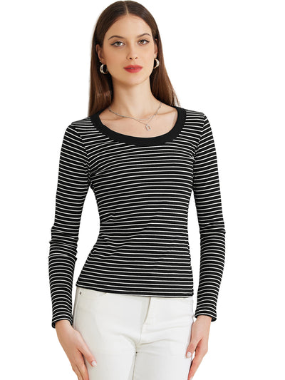 Stripe Stretch Scoop Neck Long Sleeve Casual Basic Top