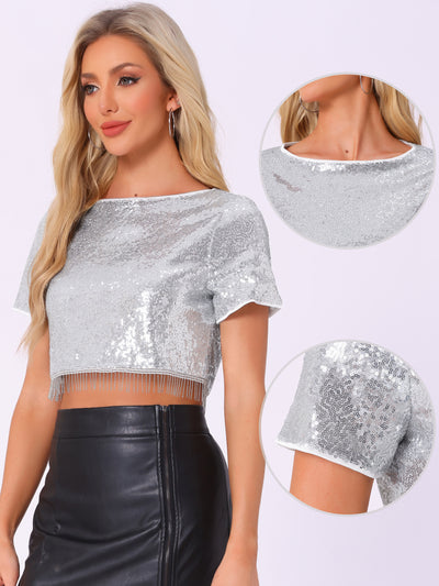 Sequin Glitter Short Sleeve Tassel Cropped Blouse