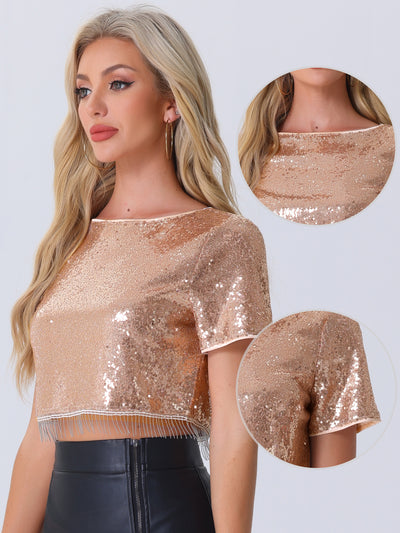 Sequin Glitter Short Sleeve Tassel Cropped Blouse