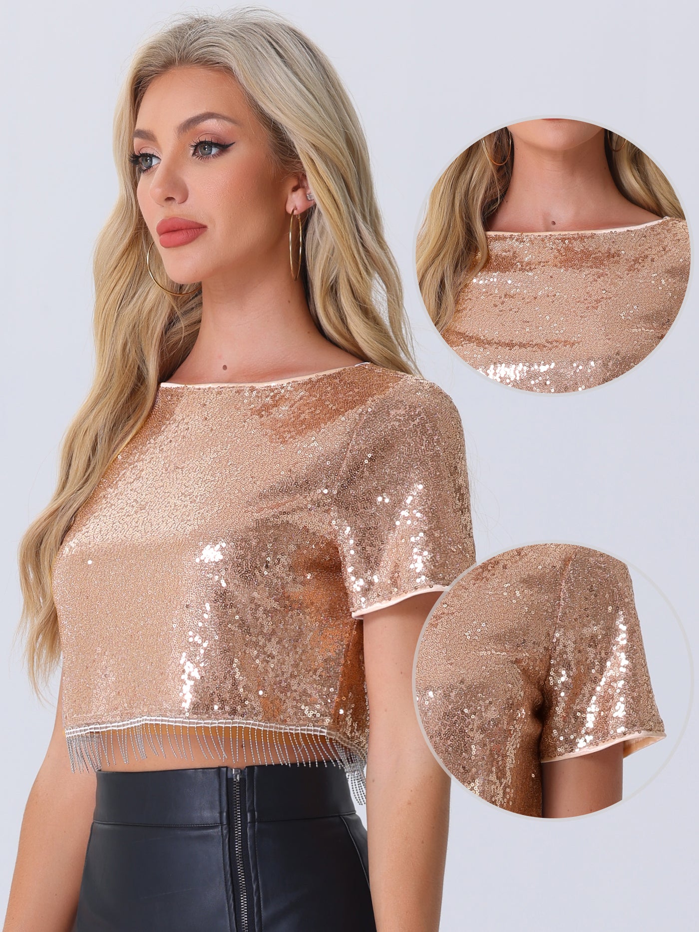 Allegra K Sequin Glitter Short Sleeve Tassel Cropped Blouse