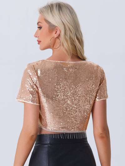 Sequin Glitter Short Sleeve Tassel Cropped Blouse