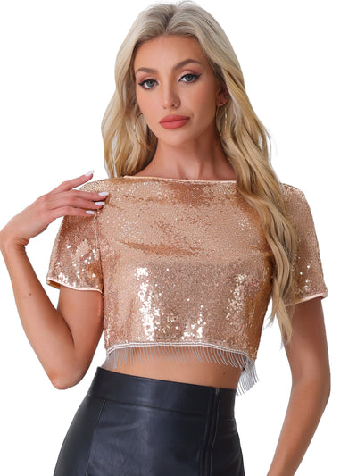 Sequin Glitter Short Sleeve Tassel Cropped Blouse