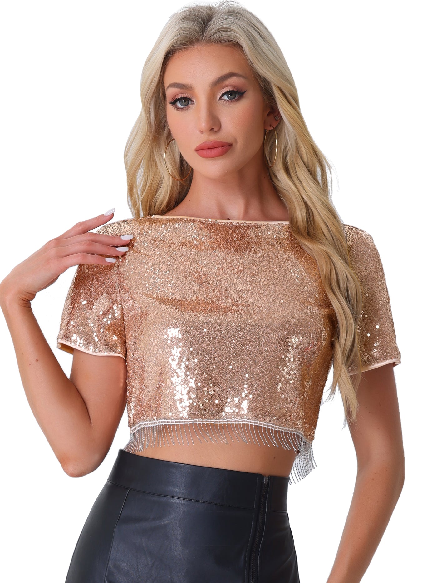 Allegra K Sequin Glitter Short Sleeve Tassel Cropped Blouse