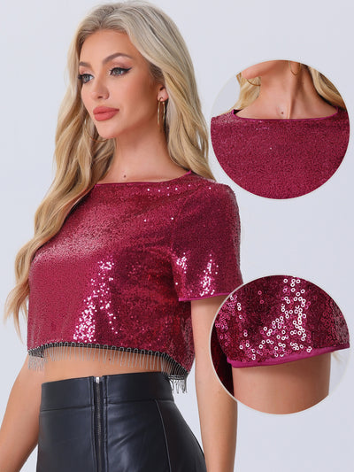 Sequin Glitter Short Sleeve Tassel Cropped Blouse