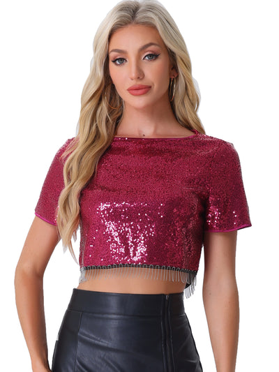 Sequin Glitter Short Sleeve Tassel Cropped Blouse