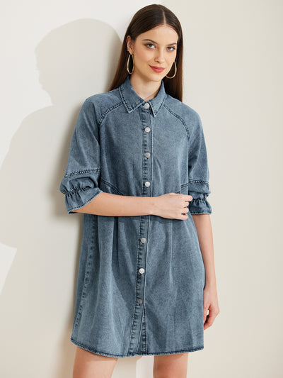 Denim 3/4 Lantern Sleeve Babydoll Mini Jean Shirt Dress