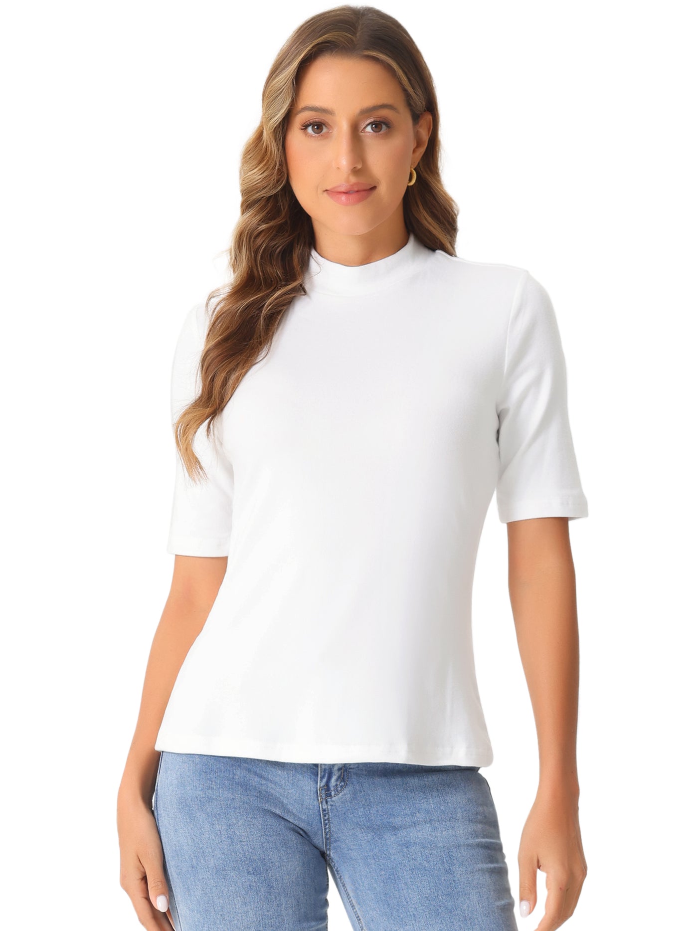 Allegra K Mock Neck Solid Color Short Sleeves Casual T-shirts