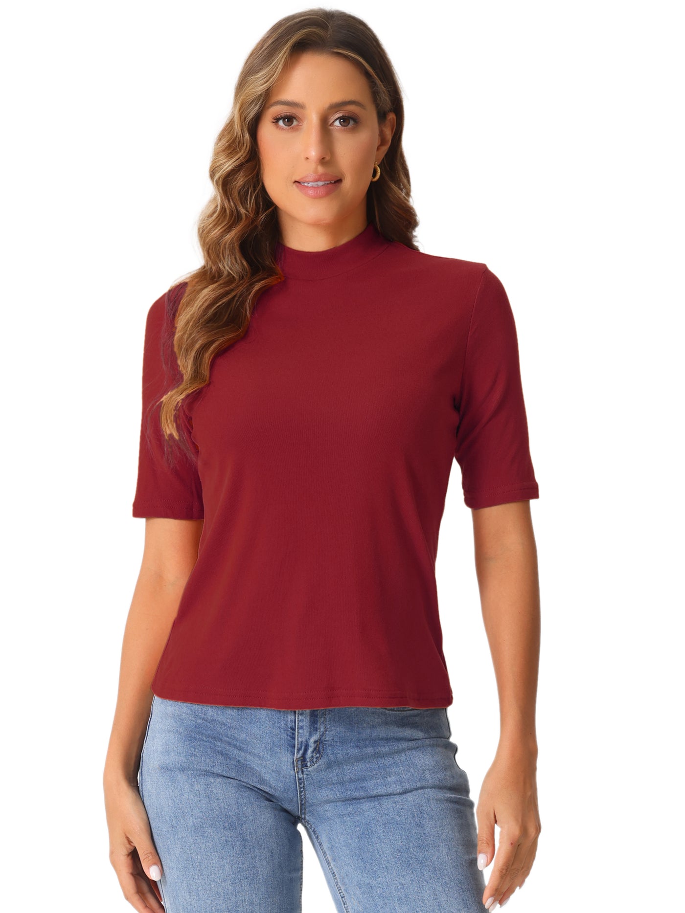 Allegra K Mock Neck Solid Color Short Sleeves Casual T-shirts