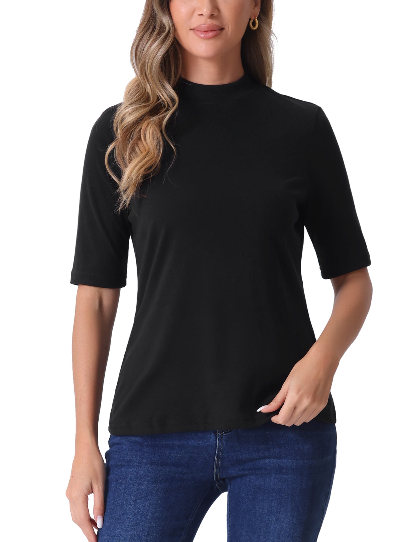 Allegra K Mock Neck Solid Color Short Sleeves Casual T-shirts