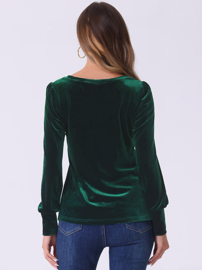 Velvet Round Neck Puff Long Sleeve Casual Pullover Blouse