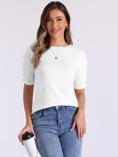 Short Ruched Sleeve Boat Neck Stretchy Basic Casual Blouse