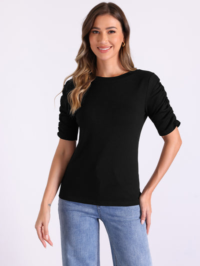 Short Ruched Sleeve Boat Neck Stretchy Basic Casual Blouse