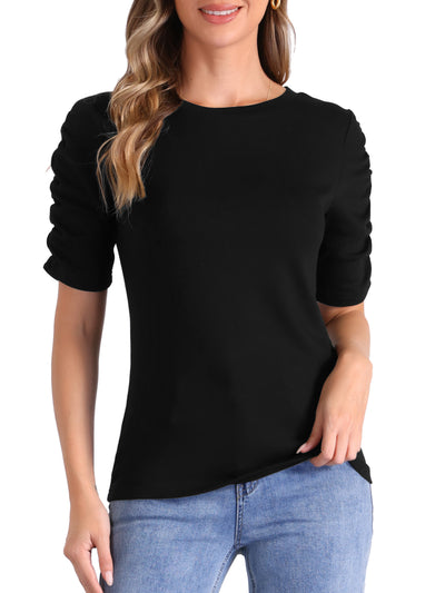 Short Ruched Sleeve Boat Neck Stretchy Basic Casual Blouse