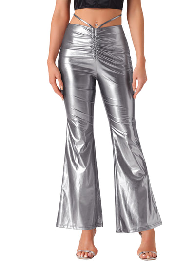 Ruched Drawstring Lace-Up Metallic Bell Bottom Pants