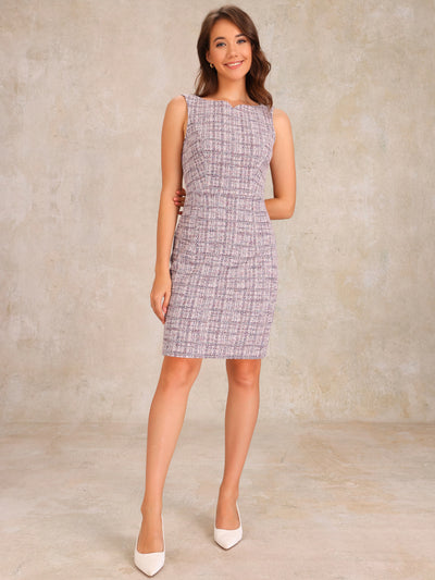 Allegra K Tweed Plaid Boat Neck Sleeveless Midi Sheath Dress